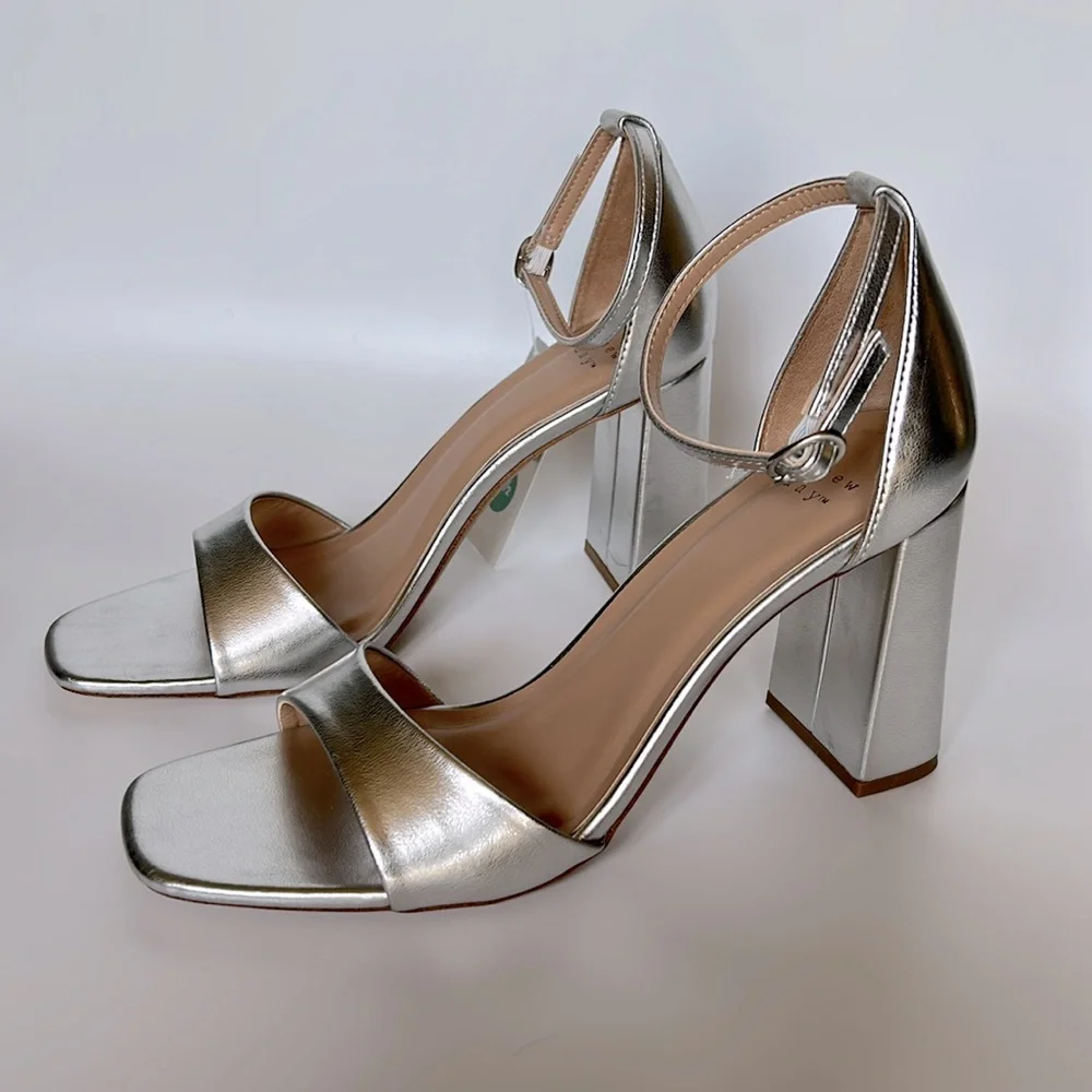 A New Day Shelly Metallic Silver Ankle Strap Heels